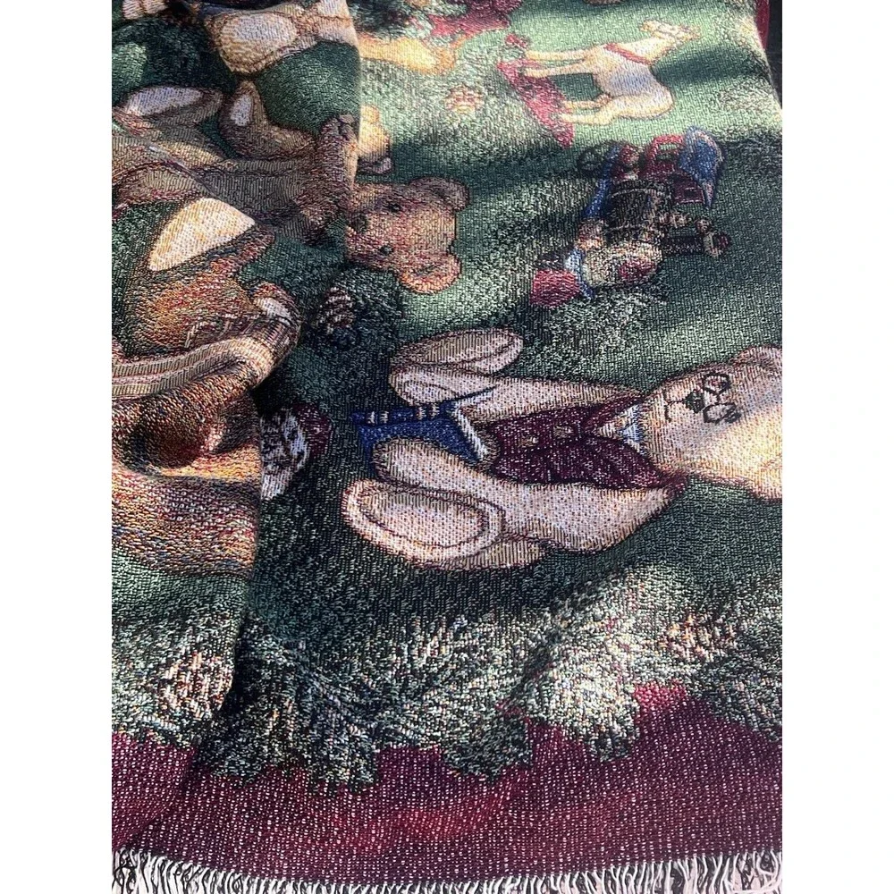 Vintage 1990s Woven Teddy Bear Throw Blanket Jacquard Fringe 52x57 Cottage Core